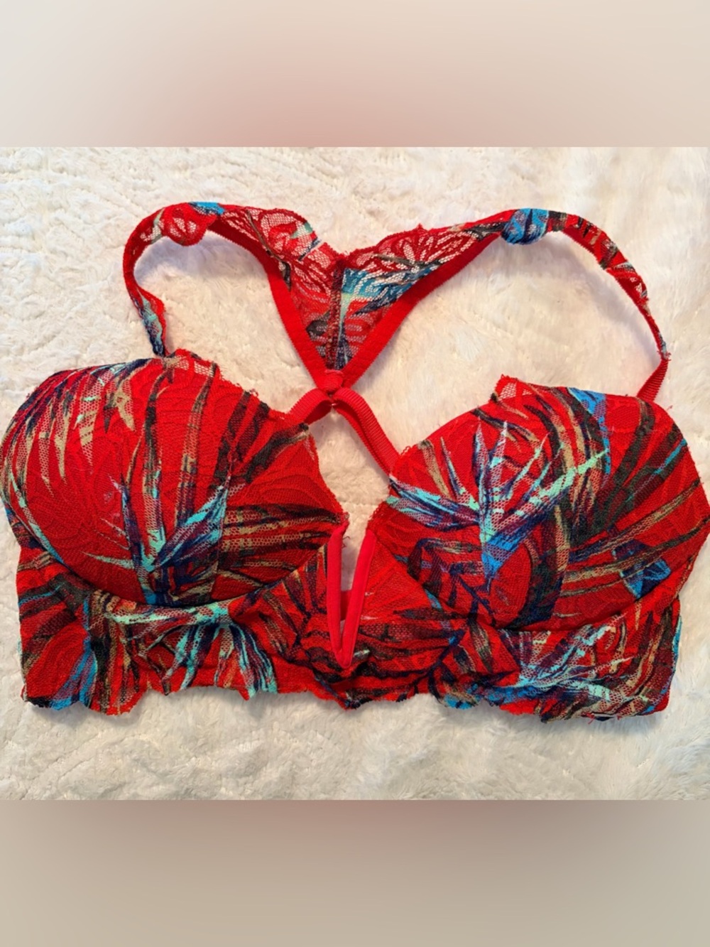 PINK Victoria's Secret Red Floral Lace Push-Up Bra with Blue Accents